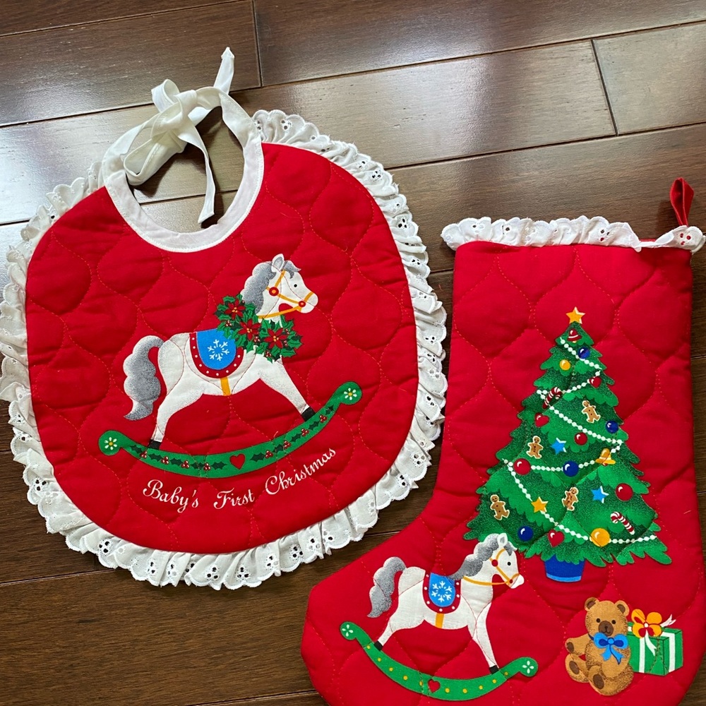 Vintage Baby's First Christmas Red Bib and matching stocking